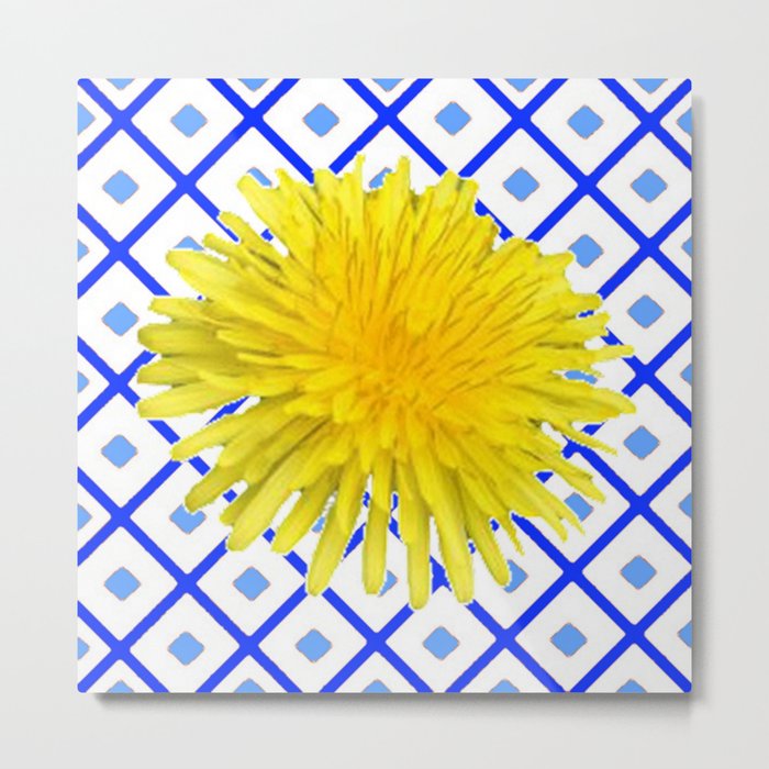 Yellow Dandelion Flower On Delft Blue Tile Metal Print