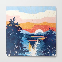 Sunset Lake Metal Print | Digital, Lake, Nature, Bohemian, Orange, Gold, Retro, Reflection, Pink, Blue 