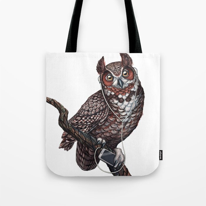 Great Horned Owl with Headphones Tote Bag