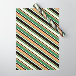 [ Thumbnail: Brown, Sea Green, Beige & Black Colored Striped Pattern Wrapping Paper ]