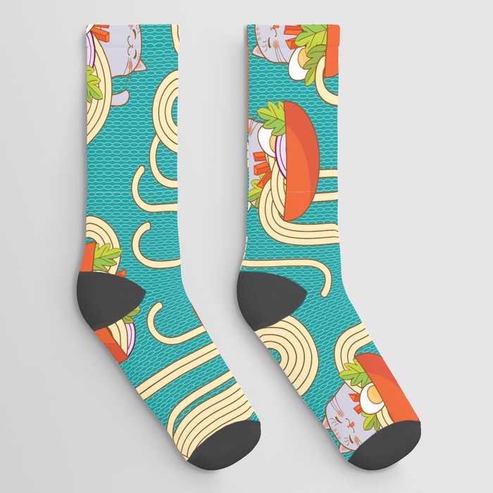 Plates of noodles and funny cats. Noodles with spices and vegetables,turquoise background. Cute design Socks