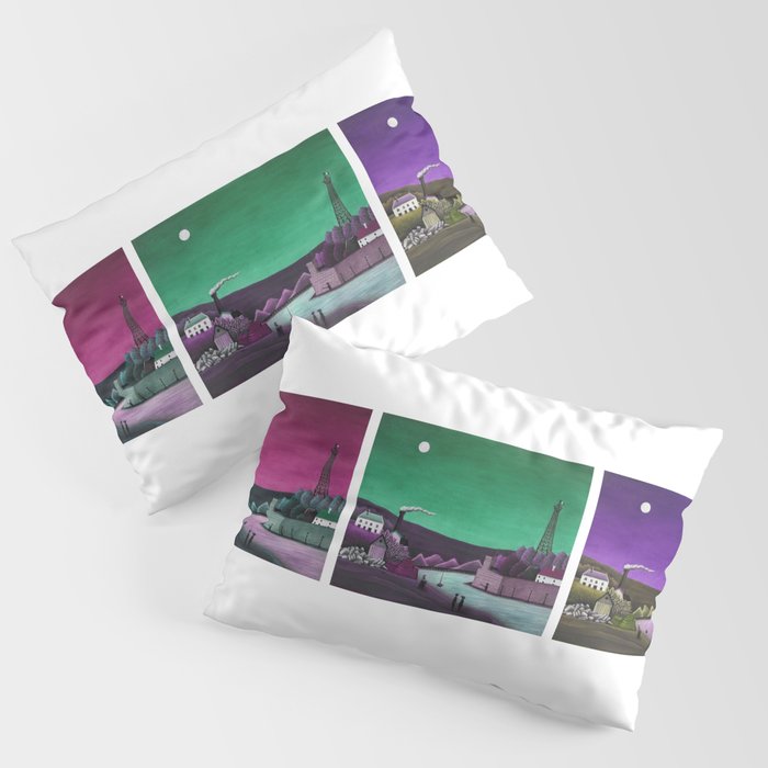 3 piece colorful collage of Moon on the River Seine, Paris, France in four colors landscape painting by Henri Rousseau; La Seine à Suresnes Pillow Sham