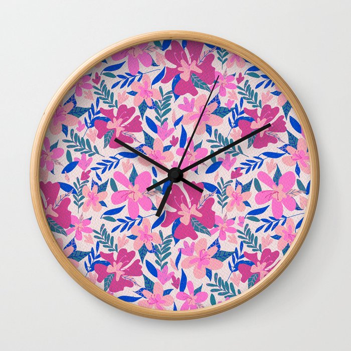 Fluorescent Pink Florals blue stems Wall Clock