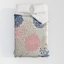Floral Mixed Blooms, Blush Pink, Navy Blue, Gray, Beige Duvet Cover