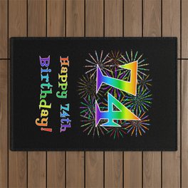 [ Thumbnail: 74th Birthday - Fun Rainbow Spectrum Gradient Pattern Text, Bursting Fireworks Inspired Background Outdoor Rug ]