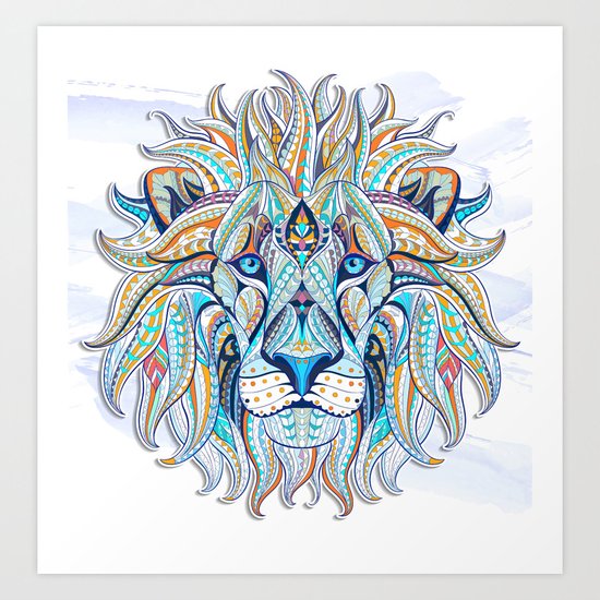 Blue Ethnic Lion Art Print