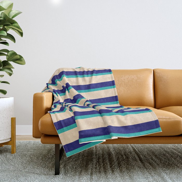 Light Sea Green, Bisque, and Midnight Blue Colored Striped Pattern Throw Blanket
