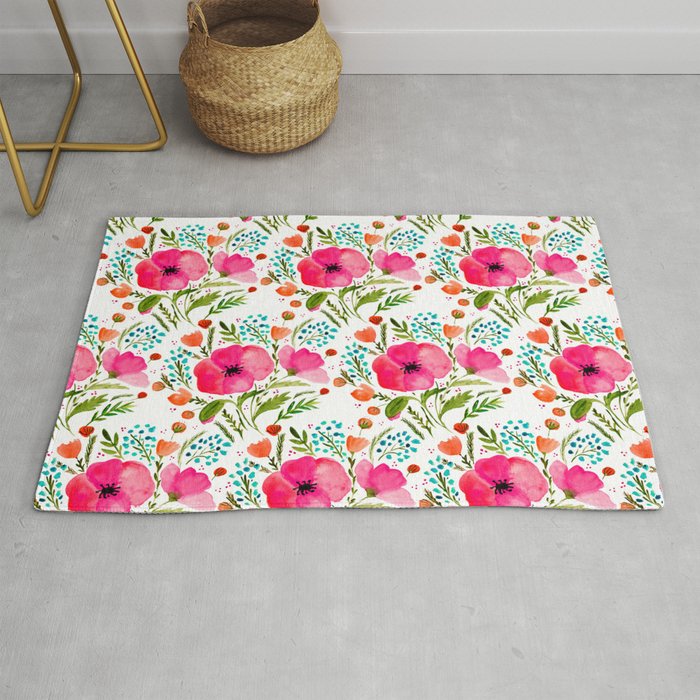 Flower bouquet with poppies - pink, blue and orange Rug
