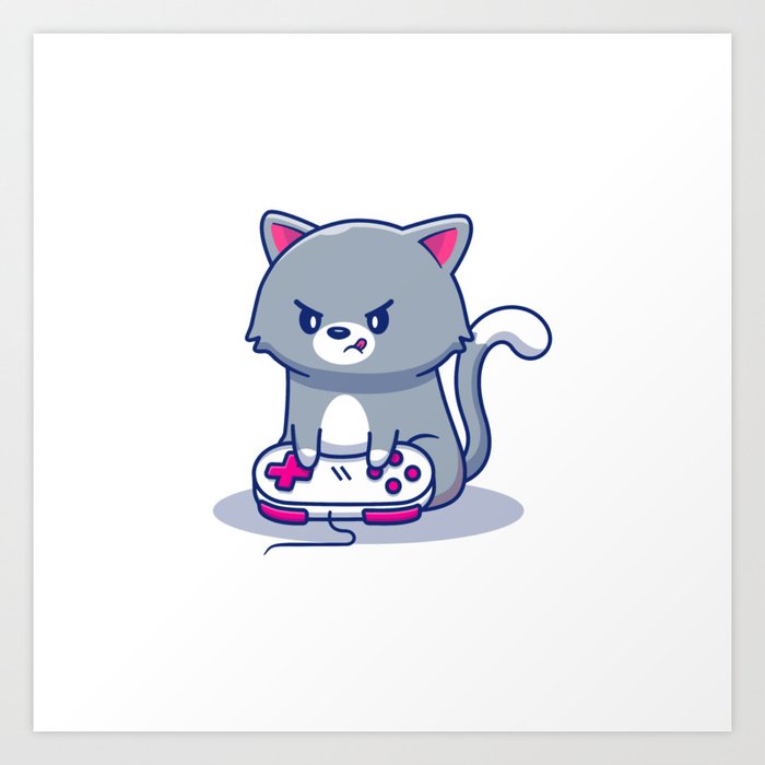 Cute Cat Gaming Icon Illustration Animal Game Icon Concept Isolated Flat Cartoon Style Art Print