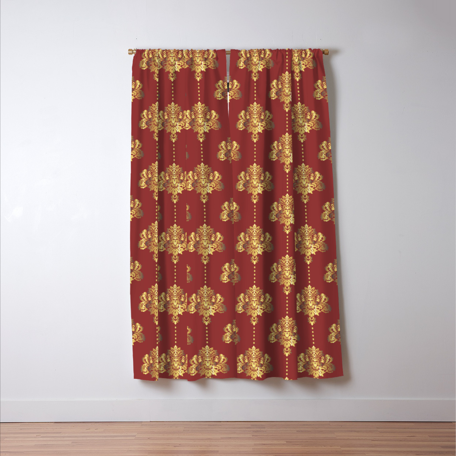Gold Damask Flowers And Pearls On Red Background Blackout Curtain
