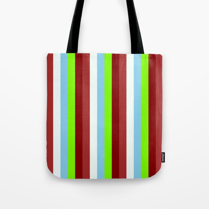 Colorful Brown, Mint Cream, Sky Blue, Green, and Maroon Colored Stripes/Lines Pattern Tote Bag