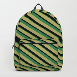 [ Thumbnail: Dark Khaki, Black & Sea Green Colored Lines Pattern Backpack ]