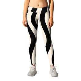 Wobbly Pop Stripes Pattern in Black and Almond Cream Leggings