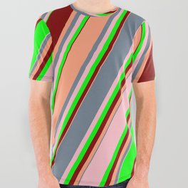 [ Thumbnail: Eye-catching Slate Gray, Pink, Lime, Maroon & Light Salmon Colored Striped Pattern All Over Graphic Tee ]