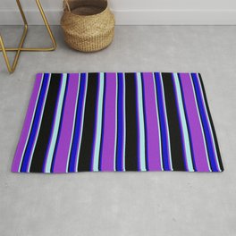 [ Thumbnail: Dark Orchid, Turquoise, Black, and Blue Colored Striped/Lined Pattern Rug ]