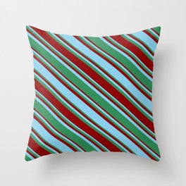 [ Thumbnail: Sky Blue, Sea Green, and Dark Red Colored Lined/Striped Pattern Throw Pillow ]