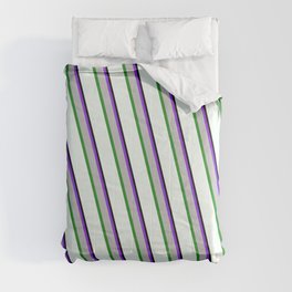 [ Thumbnail: Eye-catching Purple, Grey, Forest Green, Mint Cream, and Black Colored Lined/Striped Pattern Comforter ]