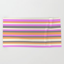 [ Thumbnail: Violet, Gray, Brown, and Beige Colored Lined/Striped Pattern Beach Towel ]