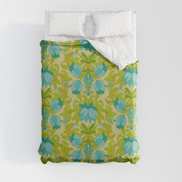 Turquoise and Green Leaves 1960s Retro Vintage Pattern Duvet Cover