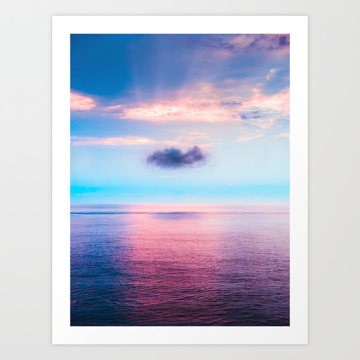 Pink Fluffy Cloud Over Whimsical Colorful Pink Purple Fairytale Ocean Sunset Sky Art Print