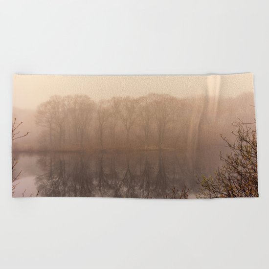 Foggy springtime Reflections Beach Towel