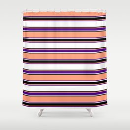 [ Thumbnail: Light Salmon, Indigo, White, and Black Colored Striped Pattern Shower Curtain ]