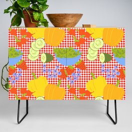Cottagecore Retro Fruits And Vegetables On Red Credenza