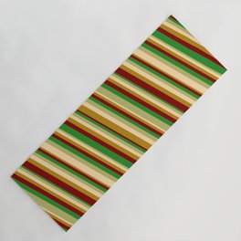 [ Thumbnail: Eye-catching Forest Green, Dark Khaki, Tan, Dark Goldenrod & Maroon Colored Stripes Pattern Yoga Mat ]