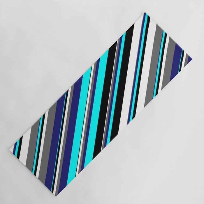 Aqua, Black, White, Dim Gray & Midnight Blue Colored Stripes/Lines Pattern Yoga Mat