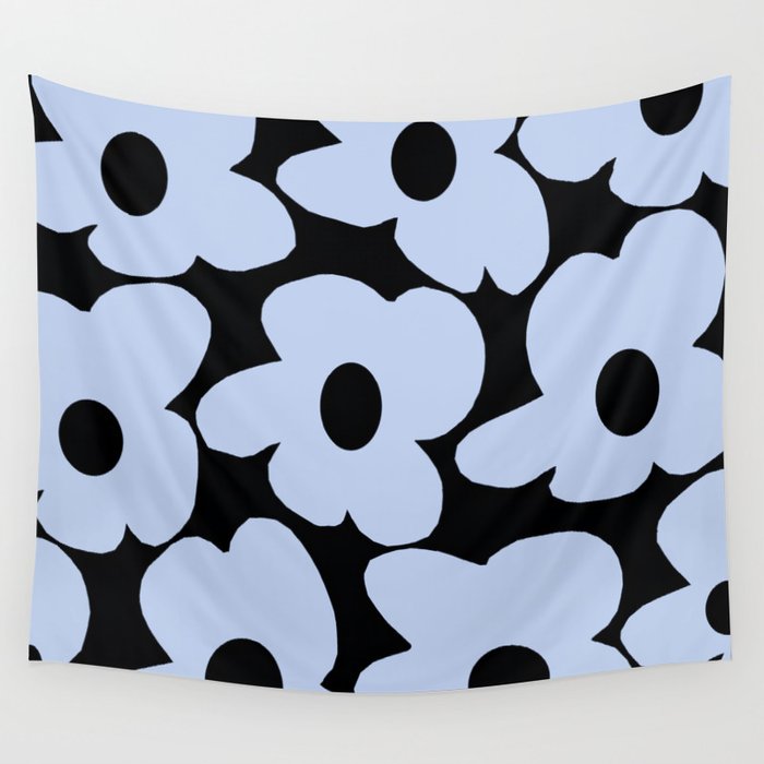 Baby Blue Retro Flowers on Black Background #decor #society6 #buyart Wall Tapestry