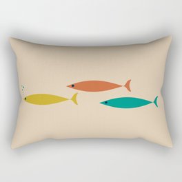 Mid-Century Modern Minimalist Fish Trio in Mid Mod Turquoise Teal, Mustard, Orange, and Beige Rectangular Pillow