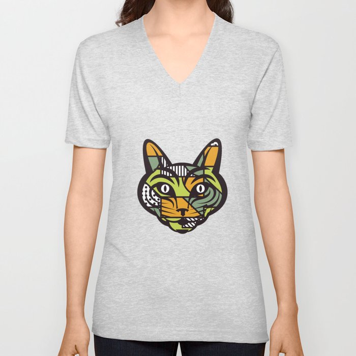 Abstract Cat Geometric Shapes V Neck T Shirt