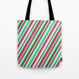[ Thumbnail: Green, Brown, Hot Pink & Light Cyan Colored Striped Pattern Tote Bag ]