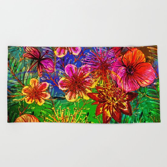 Tropical Heat-Colorful Floral Exotic Tropical Flower Pattern Beach Towel