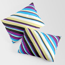 [ Thumbnail: Eye-catching Purple, Deep Sky Blue, White, Tan & Black Colored Striped Pattern Pillow Sham ]