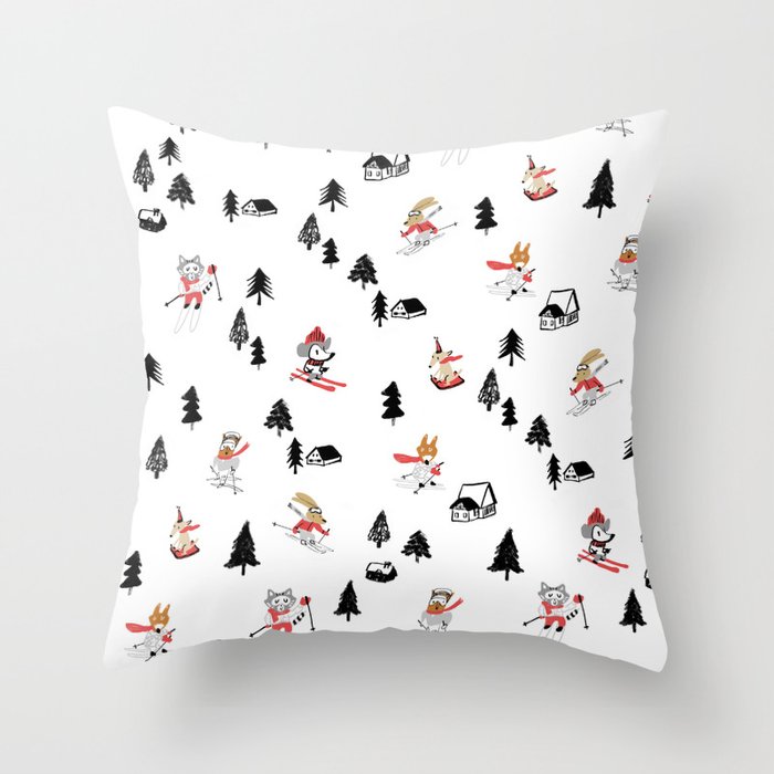 Mountain skiing in alpine chalet snow forest Throw Pillow