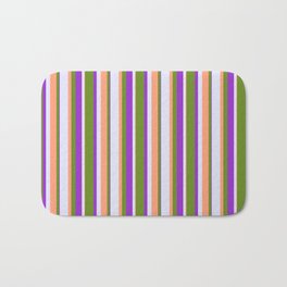 [ Thumbnail: Green, Light Salmon, Lavender & Dark Orchid Colored Stripes Pattern Bath Mat ]