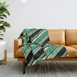 [ Thumbnail: Bisque, Sea Green, Dark Sea Green, and Black Colored Lined Pattern Throw Blanket ]