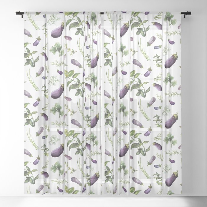 Purple - Green Eggplants & Herbs pattern Sheer Curtain
