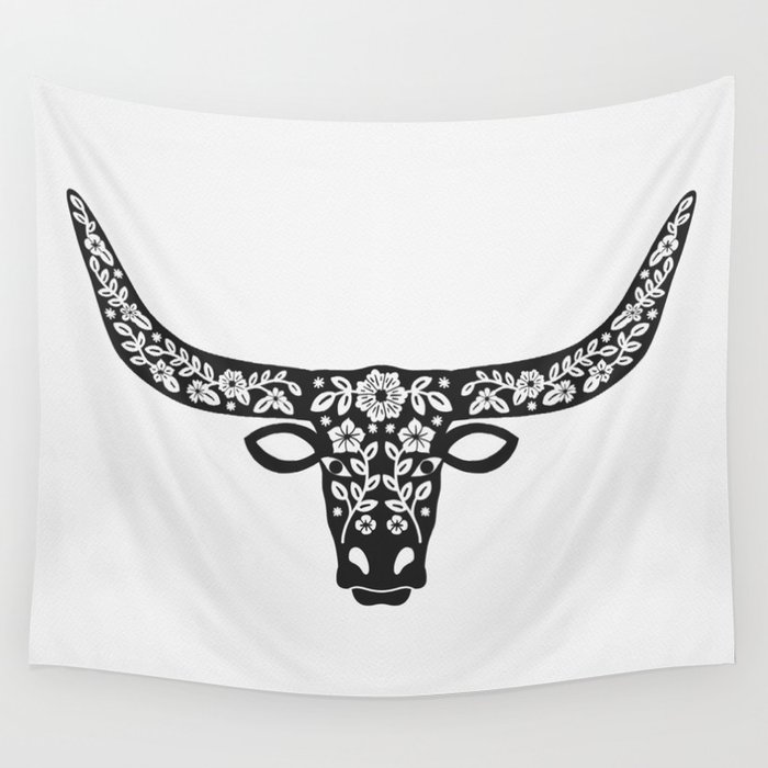 Floral Longhorn – Black Silhouette Wall Tapestry