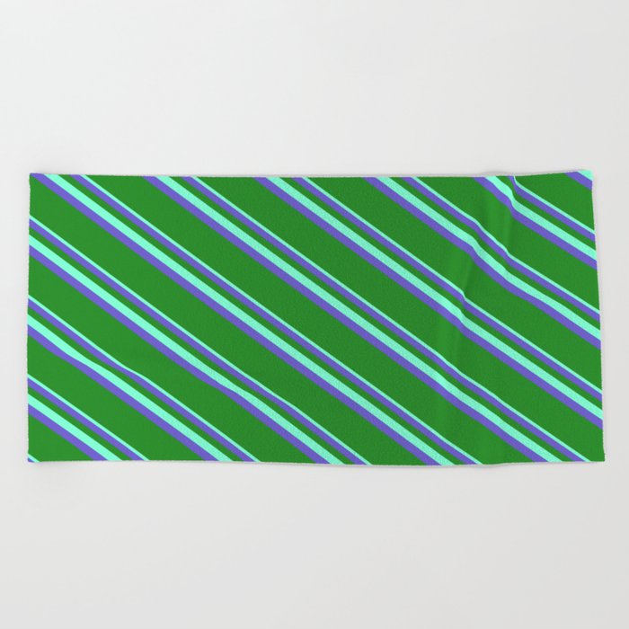 Aquamarine, Slate Blue & Forest Green Colored Lines Pattern Beach Towel