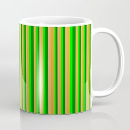 [ Thumbnail: Brown, Goldenrod, Lime, and Green Colored Striped/Lined Pattern Coffee Mug ]