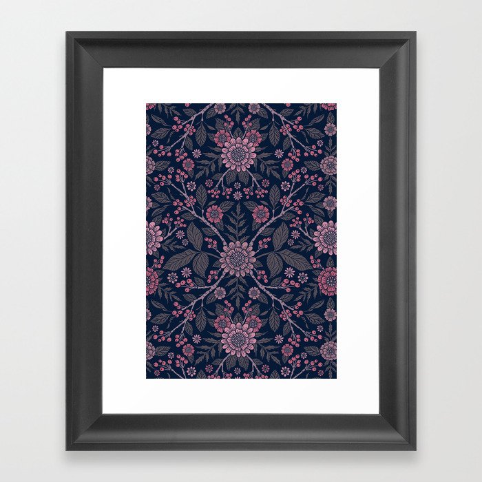 Boho Floral in Navy Blue & Rose Pink Framed Art Print