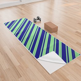 [ Thumbnail: Light Green & Dark Blue Colored Lined Pattern Yoga Towel ]