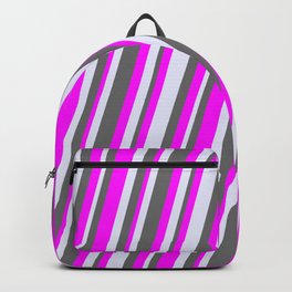 [ Thumbnail: Dim Gray, Fuchsia, and Lavender Colored Striped/Lined Pattern Backpack ]