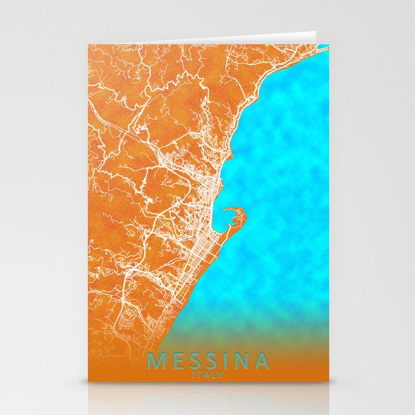 Messina, Italy, Gold, Blue, City, Map Stationery Cards