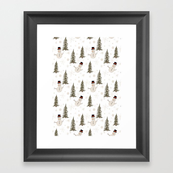 Snowman Pine Tree Print in White Framed Art Print