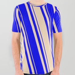 [ Thumbnail: Bisque & Blue Colored Lined Pattern All Over Graphic Tee ]