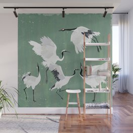 Dancing cranes - jade green Wall Mural
