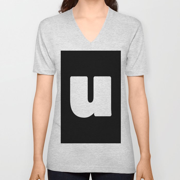 u (White & Black Letter) V Neck T Shirt